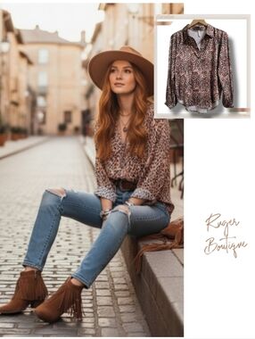 🌿Sucolan Women's Medium Satin Leopard Print Blouse 🐆